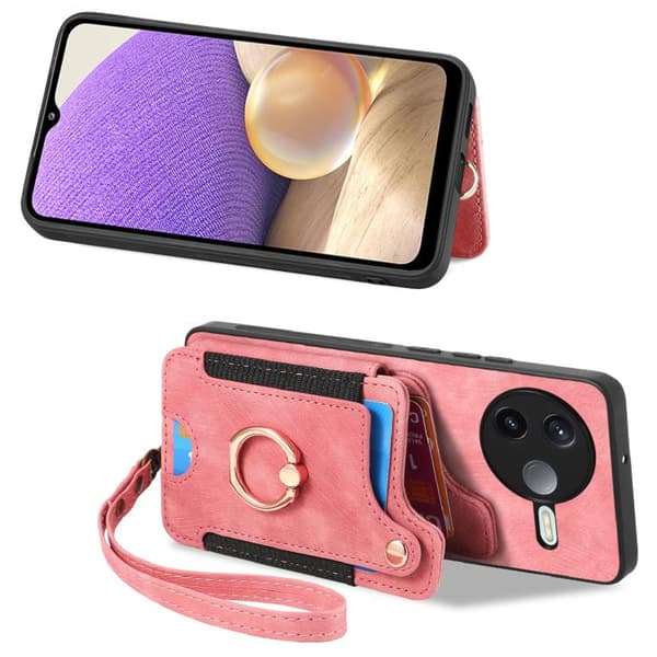 Redmi K80 / Poco F7 Pro - Retro Skinnkänsla Ring Multi-kort RFID Plånboksfodral Rosa
