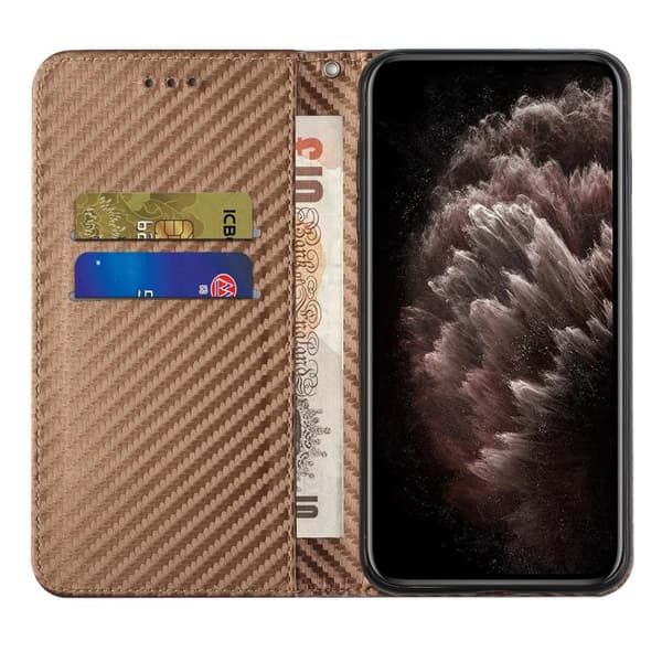 Redmi Note 14 5G - Magnetisk Flip Läderfodral med Kolfibertextur Brun
