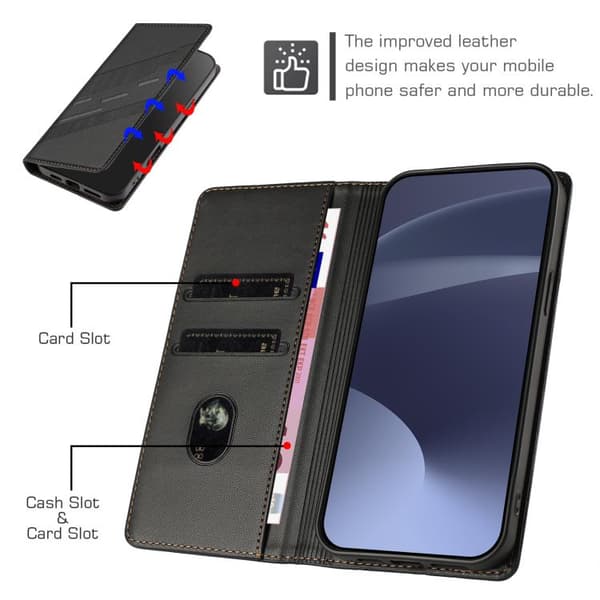 iPhone 18 Pro Max / iPhone 17 Pro Max Skal läderfodral - Prägad Multifunktionell Plånbok - Retro Läder Svart