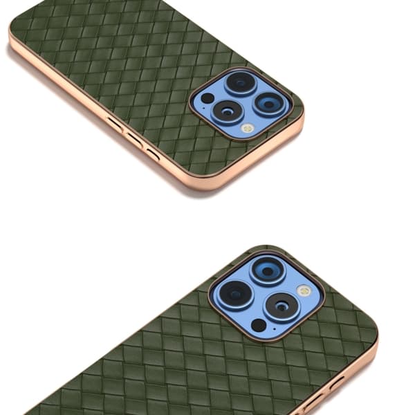 iPhone 16 Pro Max Skal med Elektropläterad Ram och Vävstruktur PU Grön