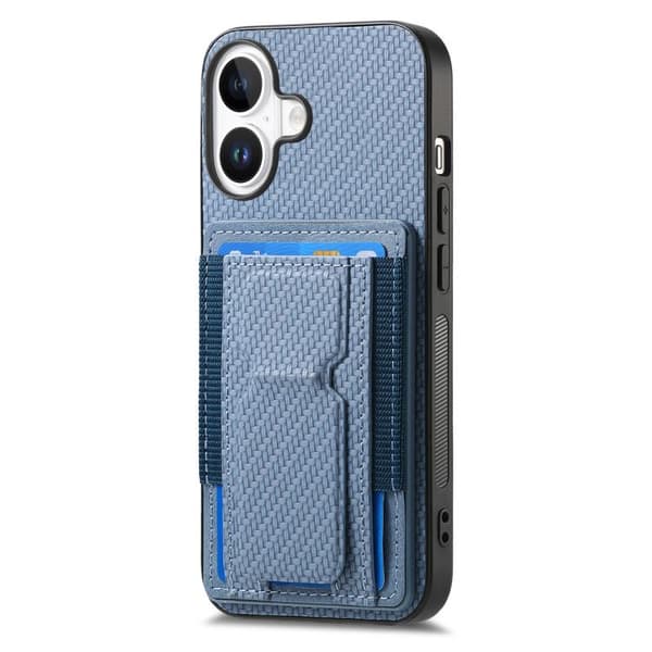 iPhone 17 Skal - Kolfiber med Fällbart Ställ och Elastisk Kortficka Blå