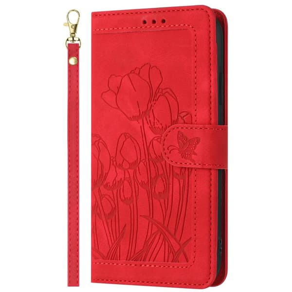 iPhone 18 Pro Max / iPhone 17 Pro Max Skal läderfodral med tulpaner och lanyard Röd