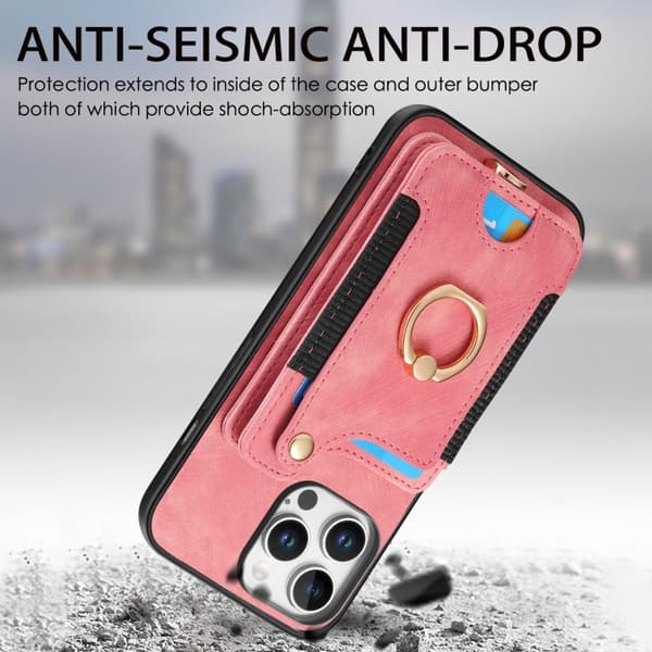 iPhone 16 Pro Max Retro Skinnkänsla Ring Multi-kort Plånboks Skal Rosa