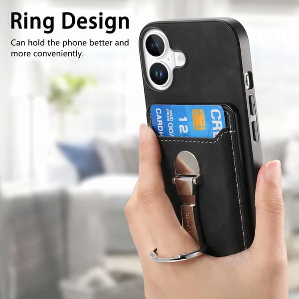 iPhone 17 Skal med Retro Fällbart Ringhållare och Kortfack MagSafe Svart