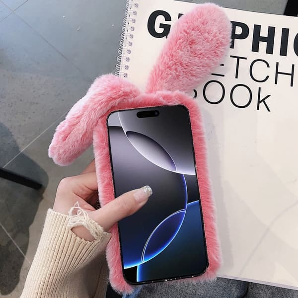 iPhone 16 Pro Max 3D Söt Långörad Kanin Plush Full Coverage Skal Röd