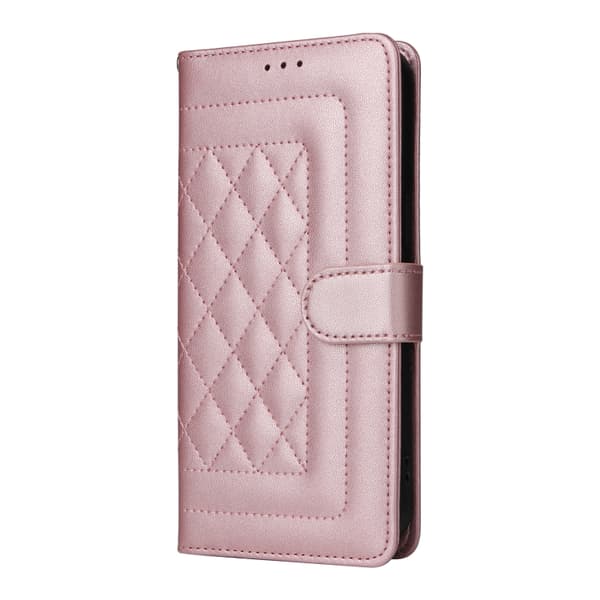för Pixel 9 Pro Skal i Diamantmönstrad Läder Flip Design Roséguld