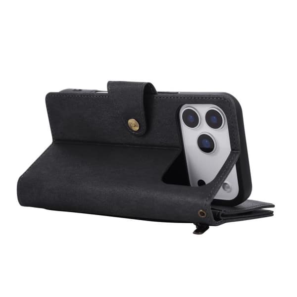 iPhone 18 Pro Max / iPhone 17 Pro Max Skal läderfodral med Rivet Spänne för 9 Kort och Tredelad Design Svart