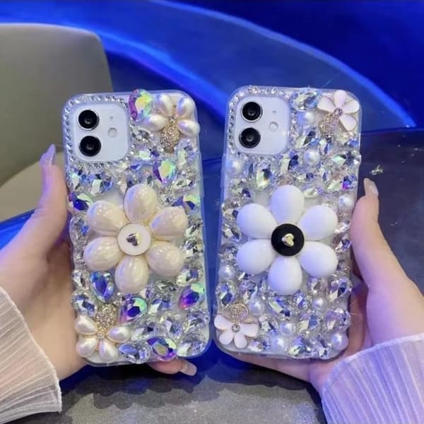 iPhone 16 Pro Max Solros Hållare Handhållen Diamant PC Skal Vit