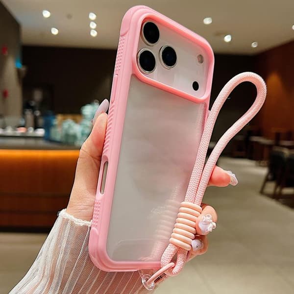 iPhone 18 Pro Max / iPhone 17 Pro Max Skal - Solid Färg med Transparent Akryl TPU och Handledsrem Rosa