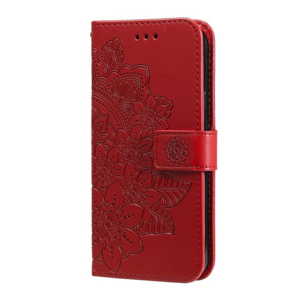 iPhone 18 Pro Max / iPhone 17 Pro Max Skal läderfodral med sju-petal blommor - relief Röd