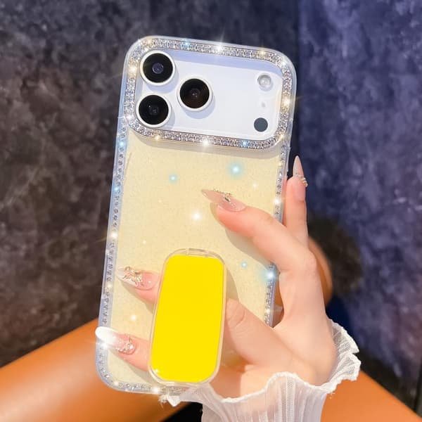 iPhone 18 Pro Max / iPhone 17 Pro Max Skal med Rhinestone Glitter, 4-hörns Anti-fall och Hållare Vit