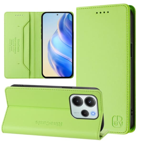 Redmi Note 14 4G - EU Version RC01 Dubbelvikts Magnetisk Sug RFID Läder fodral Gräsgrön