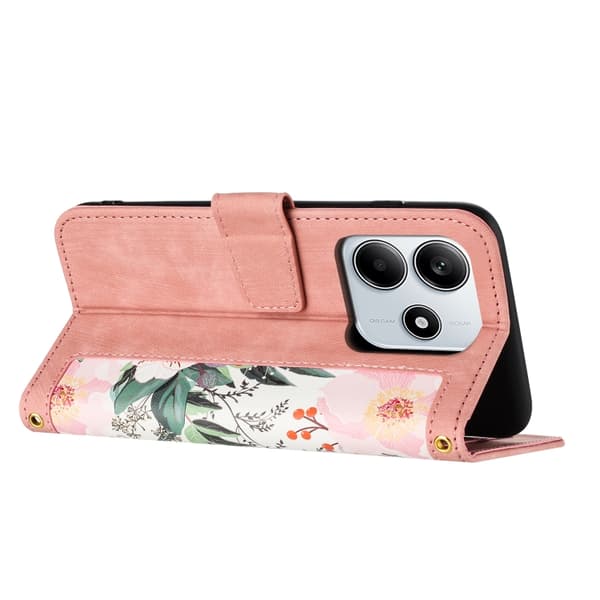 Redmi Note 14 5G - Blommönstrad Läderfodral med Lanyard Rosa