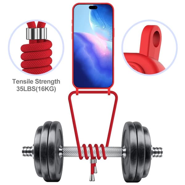 iPhone 18 Pro Max / iPhone 17 Pro Max Skal med Integrerad Kortväska - Solid Färg av Flytande Silikon med Lanyard Röd