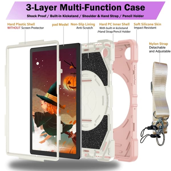 Samsung Galaxy Tab A8 Bat Hand Grip Ställning Tabletfodral Rosa Vit