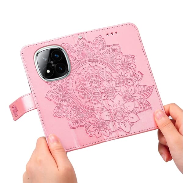 Redmi Note 14 Pro 5G / Note 14 Pro+ 5G - Läderfodral med Sju Blommor Prägling Roséguld