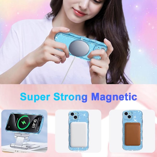 iPhone 16 Pro Max Wave Glitter MagSafe Magnetisk TPU Skal Transparent blå