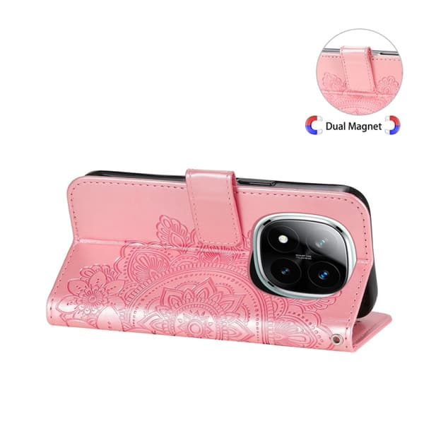 Redmi Note 14 Pro 5G / Note 14 Pro+ 5G - Läderfodral med Sju Blommor Prägling Roséguld