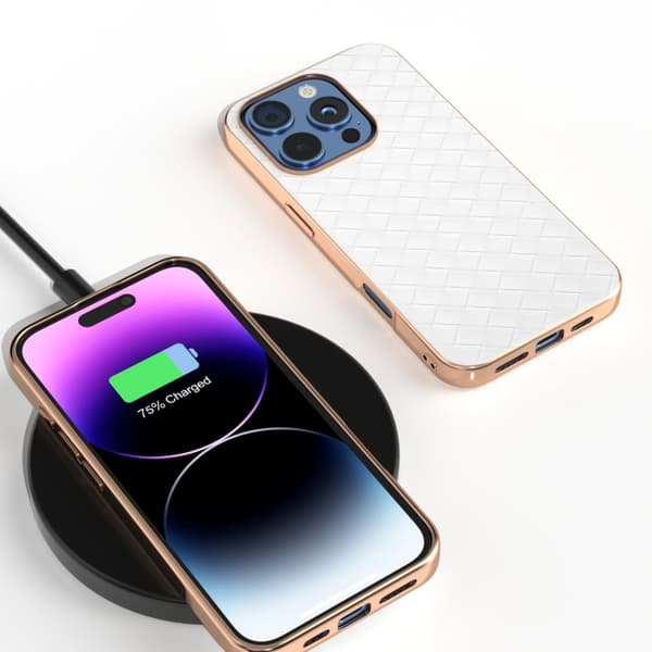 iPhone 16 Pro Max Skal med Elektropläterad Ram och Vävstruktur PU Vit