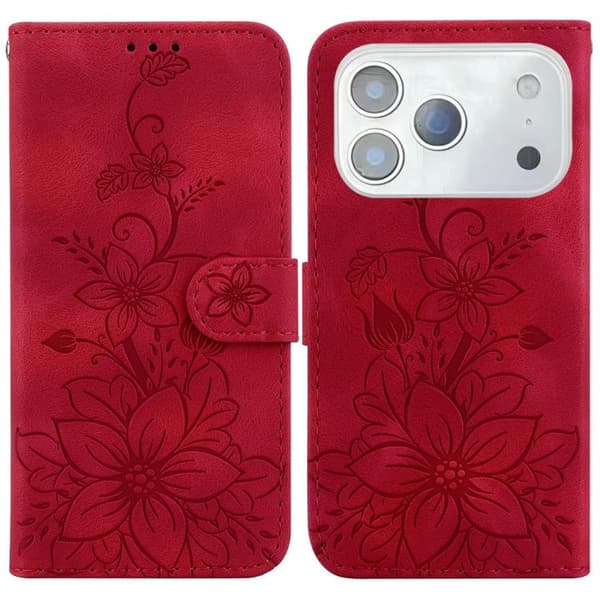 iPhone 18 Pro / iPhone 17 Pro Skal Läderfodral med Lily Prägling Röd