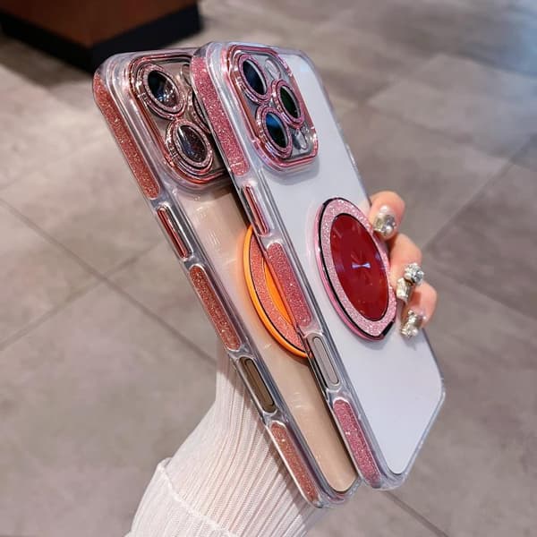 iPhone 16 Pro Transparent Glitter CD Textur Rotating Skal Orange