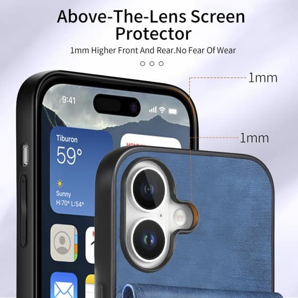 iPhone 17 Skal läderfodral med retro kortfack och rem Blå