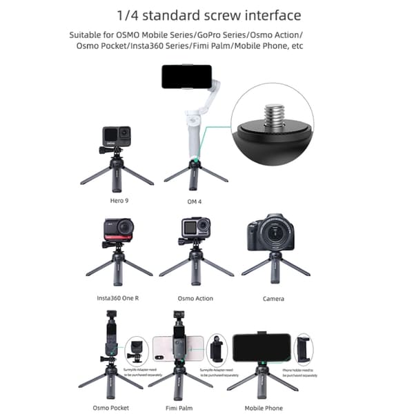 Sunnylife för Insta360 GO / DJI Osmo Action / GoPro Mount Bracket Stabilisator Aluminiumlegering Mini Tripod