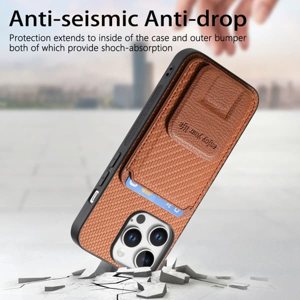 iPhone 16 Pro Kolfiber Kortväska Fällbar Ställ Skal Brun