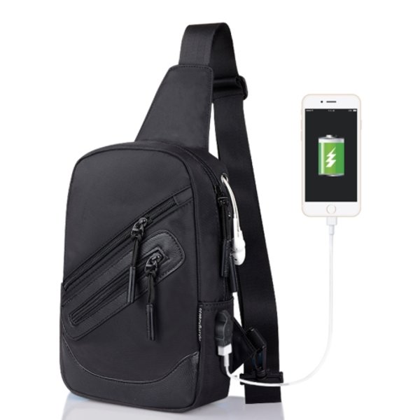 Multifunktionell bärbar casual canvas svart bröstväska utomhus sport axelväska med externt USB-laddningsgränssnitt för män / kvinnor / student