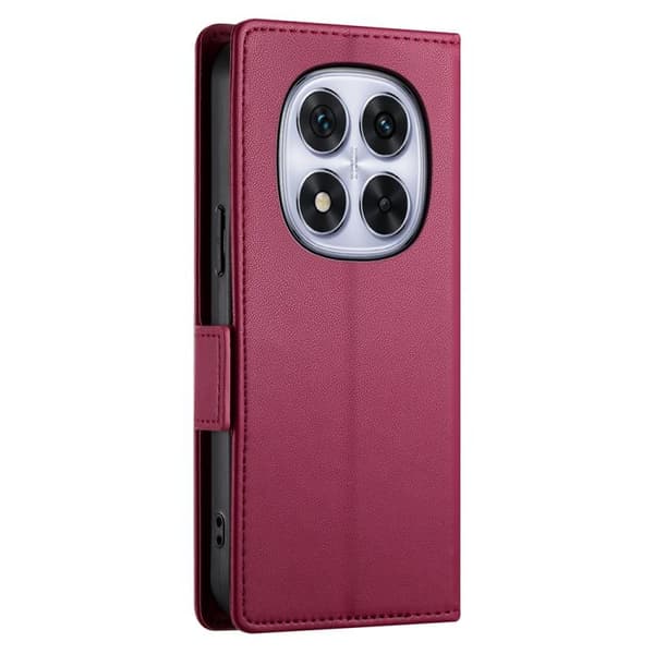 Redmi Note 14 Pro 4G - Magnetisk Frostad Läderfodral med Sidobuckle Vinrött