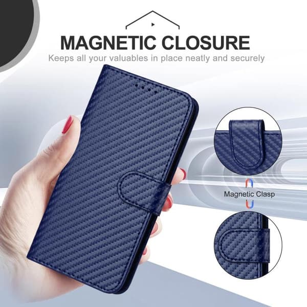 iPhone 17 Pro Max Skal läderfodral - kolfiber med lanyard Kunglig blå