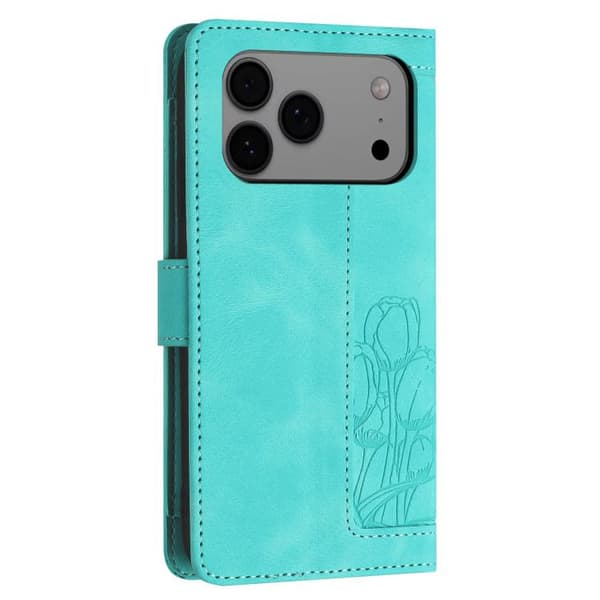 iPhone 18 Pro Max / iPhone 17 Pro Max Skal läderfodral med tulpaner och lanyard Grön
