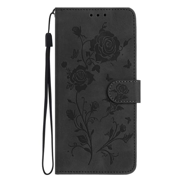 iPhone 18 Pro Max / iPhone 17 Pro Max Skal läderfodral med rosblomma präglad mönster Svart