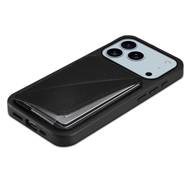 iPhone 18 Pro Max / iPhone 17 Pro Max Skal med D04 Kalvskinnsstruktur och Dubbel Kortfack Svart