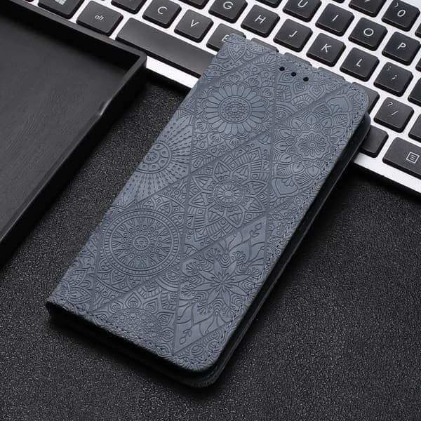 iPhone 16 Pro Max Skal Etnisk Pr präglad Läder Fodral Grå