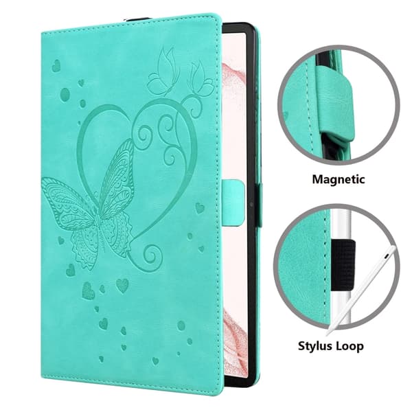 Samsung Galaxy Tab S9 FE+ Kärleksfjäril Prägling Läderfodral Mintgrön