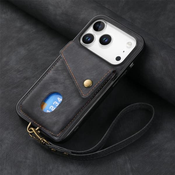 iPhone 18 Pro / iPhone 17 Pro Skal läderfodral med retro kortficka och rem Svart