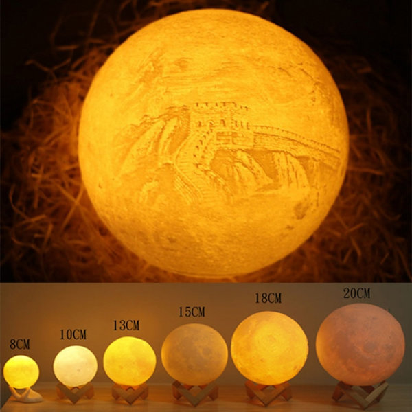 Anpassad klappad 3-färgad 3D-utskriftslampa USB-laddning energibesparande LED-nattlampa med träbas, diameter: 10 cm