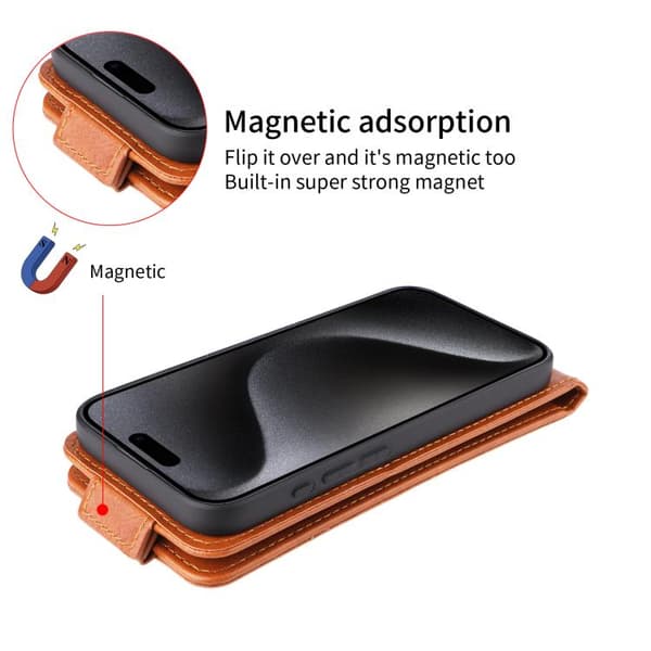 iPhone 18 Pro / iPhone 17 Pro Skal läderfodral med magnetisk vertikal flip och spänne Brun