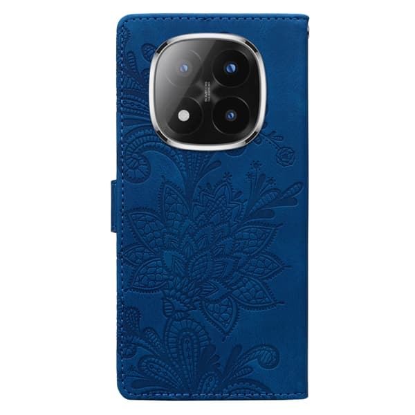 Redmi Note 14 Pro 5G - Lacey Blommönstrad Embossed Magnetisk Spänne PU fodral med Handledsrem Blå