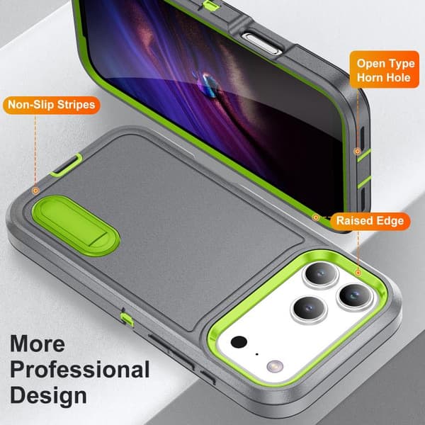 iPhone 18 Pro Max / iPhone 17 Pro Max Skal - robust PC + silikon med hållare Grå + Friskgrön