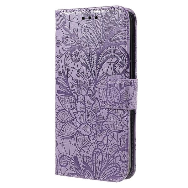 iPhone 18 Pro / iPhone 17 Pro Skal läderfodral med spetsblommor och präglad design Purpur