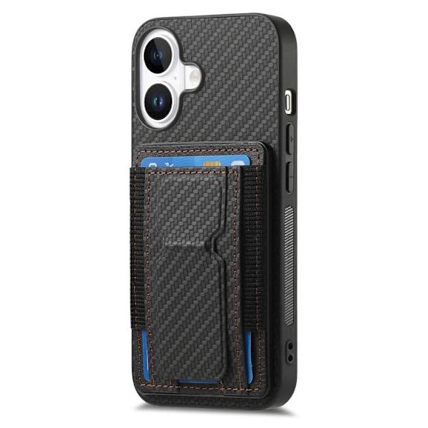iPhone 17 Skal - Kolfiber med Fällbart Ställ och Elastisk Kortficka Svart
