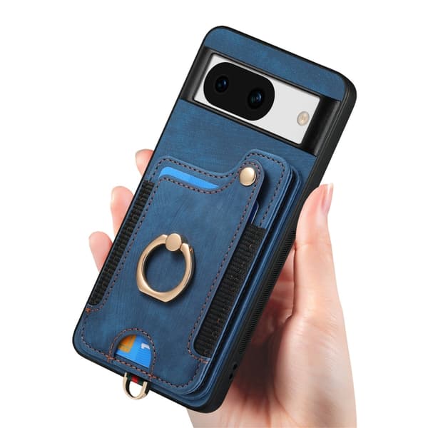 för Pixel 8a Skal med Retro Skin-feel och Ring, Multi-kort RFID Plånboksfodral Blå