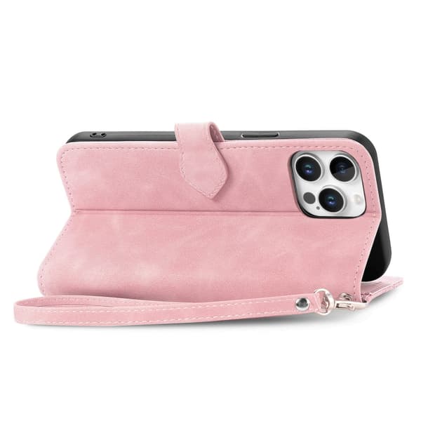 iPhone 16 Pro Embossed Flower Skal Läder Fodral Rosa