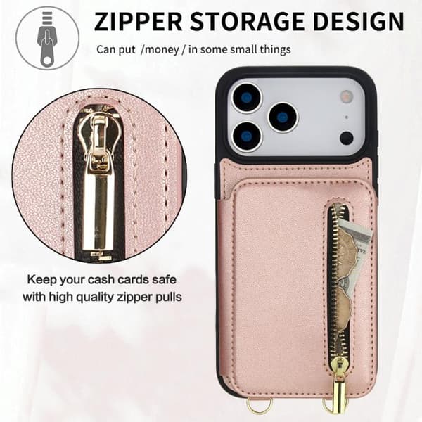 iPhone 18 Pro Max / iPhone 17 Pro Max Skal med Zipper och Dubbel Lanyard Roséguld