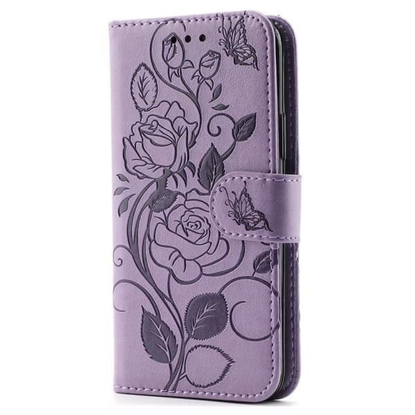 iPhone 18 Pro Max / iPhone 17 Pro Max Skal Läderfodral med Rosafärgad Fjäril Prägling Purpur