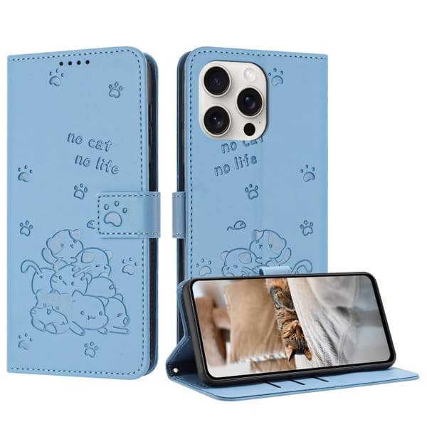 iPhone 16 Pro Max Embossed Katt Skal med Lanyard - Läder Fodral Blå