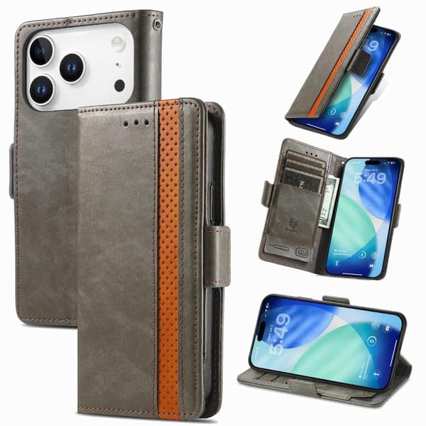 iPhone 18 Pro Max / iPhone 17 Pro Max Skal Läderfodral med Neo Splicing Dubbel Magnetisk Spänne Grå