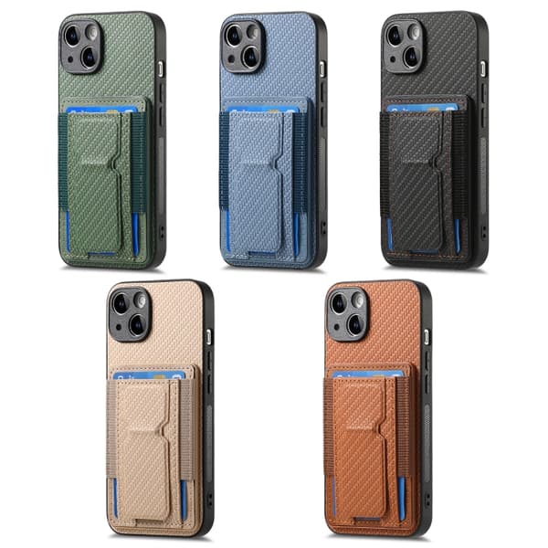 iPhone 17 Pro Skal - Kolfiber med Fällbart Ställ och Elastisk Kortficka Svart